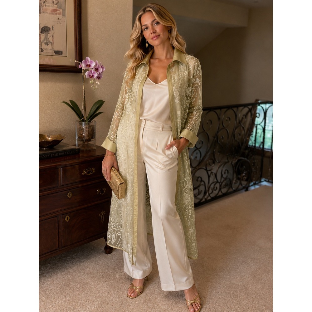 I.C. Collection Silk Organza Embroidered Occasion Topper Jacket  Sage Green L